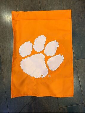 Orange Clemson Garden Flag with White Paw Logo. New